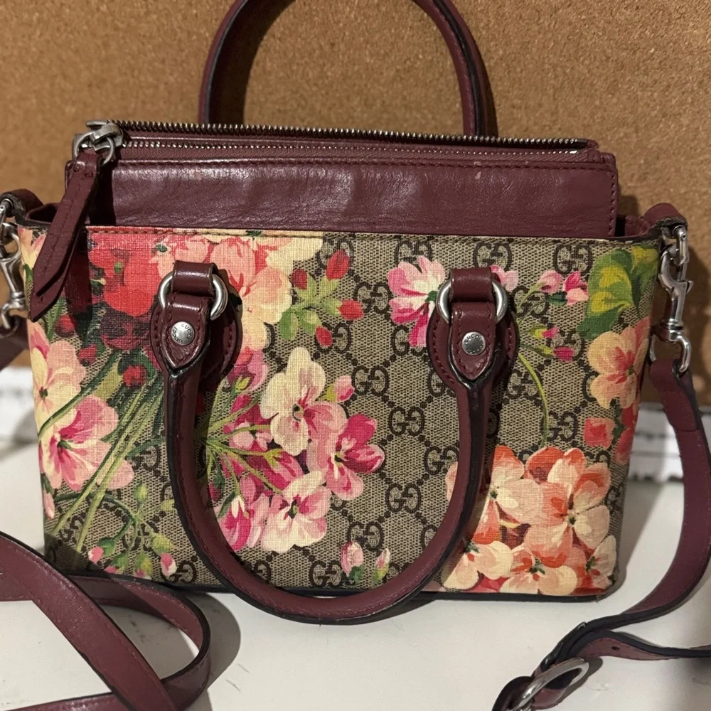 Gucci Floral Canvas and Burgundy Leather Satchel 2 way pink in bloom small - Picture 16 of 16
